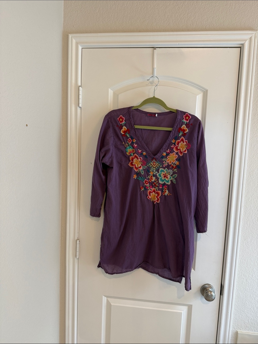 Johnny Was Purple V-Neck Tunic with Multicolor Floral Embroidery